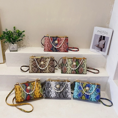 Sac à Main Carré Vintage Motif Serpent Poignée Perle Mode Femme Polyvalent Sac à Bandoulière Rétro Motif Animal Pochette