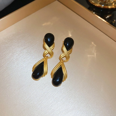 Vintage Water Drop Earrings Alloy With Silver Earring Post Black Resin Crossed Gold Geometric Jewelry For Women