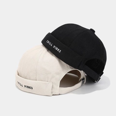 Brimless Docker Hat Cotton Miki Cap With Chill Vibes Letter Embroidery Adjustable Retro Street Style Unisex Accessory