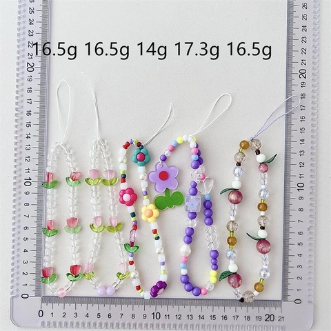 Handgefertigte Perlen Handykette Tulpe Blume Erdbeere Schmetterling Acrylperlen Handy Lanyard Strap Für Damen Kawaii Handyschmuck