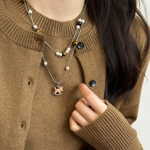 Collar De Doble Capa Con Ojo De Tigre Perla Artificial Sintética Y Colgante De Caballo De Madera Estilo Retro Para Mujer