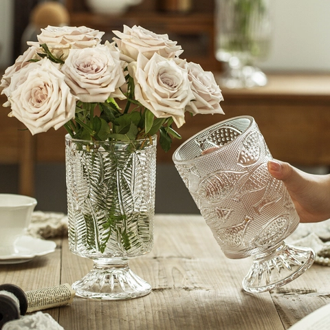 Florero De Vidrio Vintage Relieve Estampado Transparente Soporte Flores Para Sala Comedor Decoración Hogar
