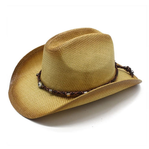 Western Cowboy Strohhut Papier Geflochten Sonnenschutz Breite Krempe Mit Evil Eye Perle Bohemian Retro Für Damen Herren