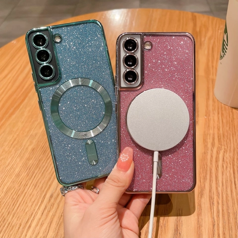 Magnetic Glitter Case For S24 S23 S22 Ultra Plus Electroplated Soft TPU With Lens Protector Ring Stand