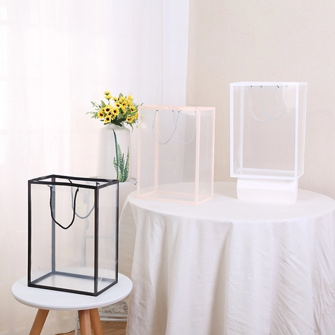 Transparent Window Flower Gift Bag Clear PP Plastic Handbag With Colored Frame And Rope Handles For Florist Souvenirs