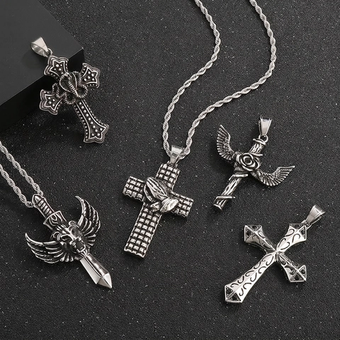 Gothic Lion Head Wings Sword Pendant Necklace Stainless Steel Punk Cross Rose Cobra Jewelry For Men