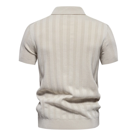 Men Knitted Polo Shirt Short Sleeve Textured Striped Viscose Polyester Blend Casual Summer Top