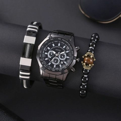 Heren Quartz Horloge En Armband Lichtgevend Kalender Legering Metalen Band Sport Casual Sieraden Cadeau Voor Man