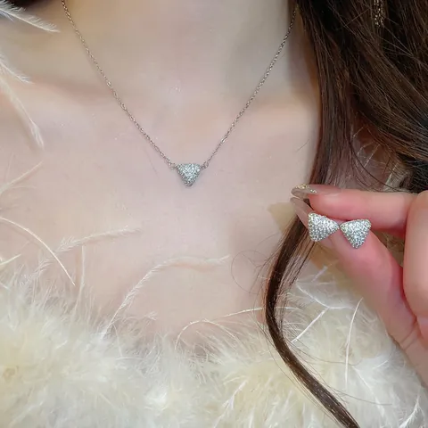 Triangle Jewelry Set Women Copper Cubic Zirconia Necklace Earrings With Silver Earring Post Sparkling Fashion Small
