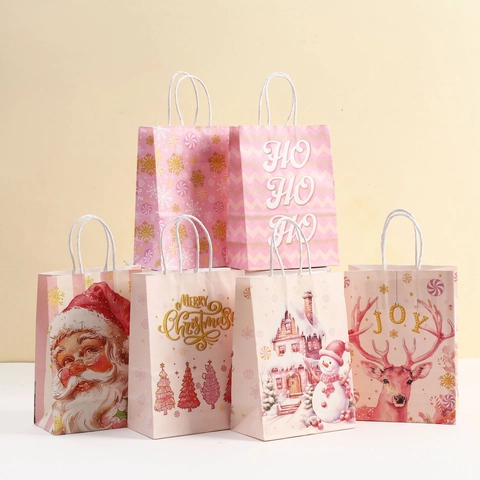 Bolsas De Regalo De Navidad De Papel Rosado Con Asas Para Recuerdos De Fiesta Diseños De Reno Papá Noel