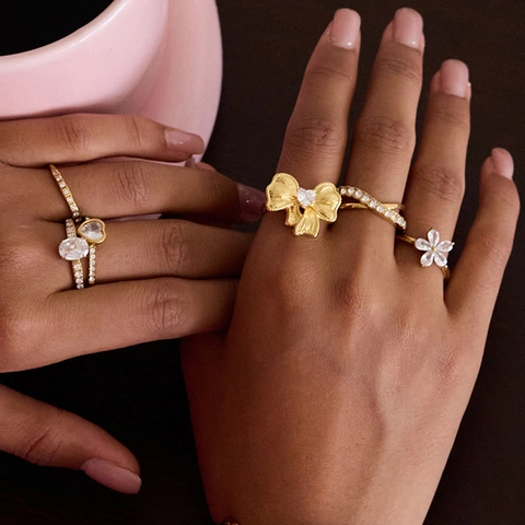 Stainless Steel Heart Bowknot Ring White Zircon Gold Plated Adjustable Waterproof Hypoallergenic Fashion Jewelry Women