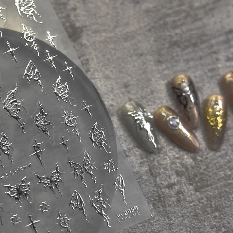 Adesivi Per Unghie Farfalla 3D Rilievo Metallico Argento Oro Gotico Stella Decalcomanie Decorazione