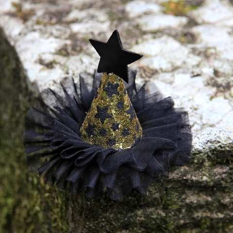 Fermaglio Per Capelli Mini Cappello Da Mago Halloween Con Motivo A Stelle Dorate E Tulle Nero Per Feste Cosplay