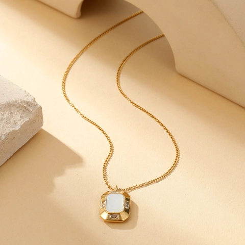 Minimalist Rectangle Pendant Necklace Stainless Steel Gold Plated White Mother Of Artificial Pearl Shell Micro Inlaid Zirconia Elegant