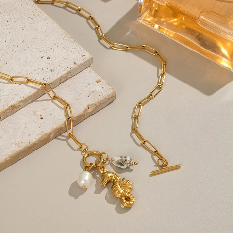 Seahorse Shell Artificial Pearl Necklace Stainless Steel 18K Gold Plated Paperclip Chain T-Bar Clasp Beach Vacation Style Women