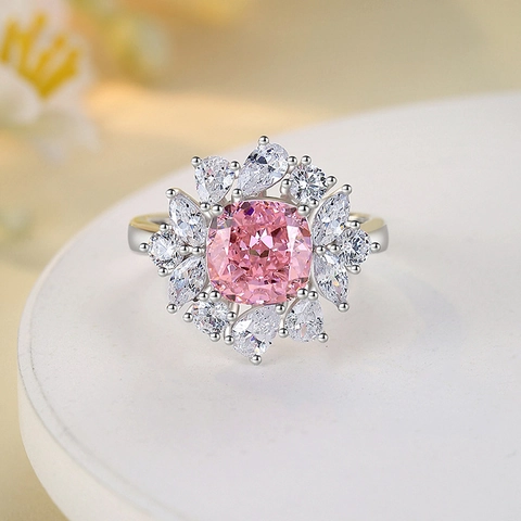 S925 Sterling Silver Paraiba Green Pink Zirconia Ring For Women Luxurious Vintage Flower Halo Cluster Adjustable Finger Ring Jewelry Gift