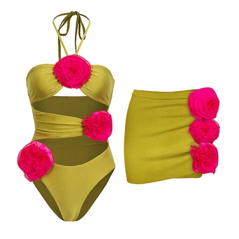 Swimsuit And Matching Skirt 3D Rose Flower Halter Neck Cutout Swimwear Beachwear Sexy Women Contrast Color