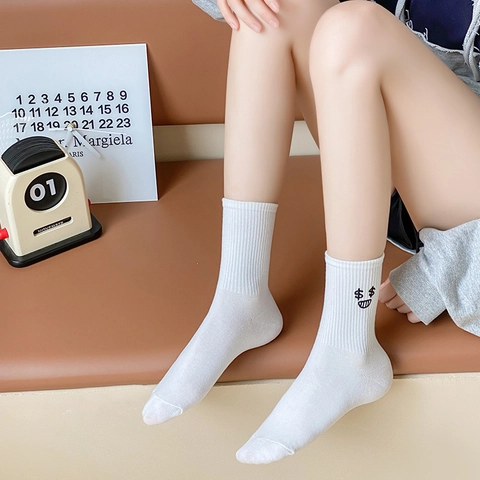 Women Cotton Crew Socks Funny Embroidered Expression Ins Style Breathable Casual Novelty Mid Calf Ribbed Hosiery