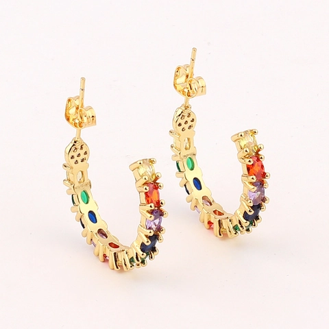 Orecchini A Cerchio A Forma Di C Da Donna Ottone Placcato Oro Con Zirconia Cubica Arcobaleno Colorata Gioielli Splendenti