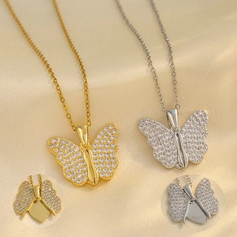 Vlinder Hanger Ketting Titanium Staal Zirkonia Openbare Vleugels Hart Ontwerp Modieus Trendy Voor Dames