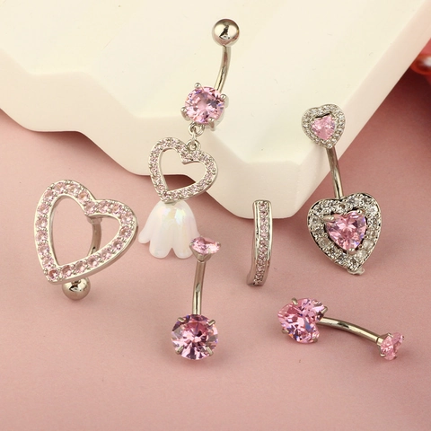 Piercing De Nombril Zircon Coeur Rose Acier Inoxydable Cuivre Argenté Bijoux De Corps Mode Pour Femmes