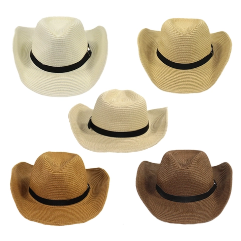 Western Cowboy Straw Hat Wide Brim Paper Woven Sun Protection Foldable Summer Beach With Adjustable Windproof Rope