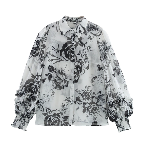 Women White Vintage Floral Print Chiffon Blouse Sheer Long Sleeve Ruffle Cuff Button Down Shirt Elegant