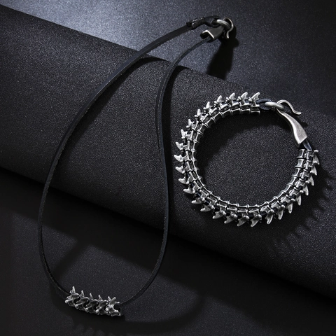 Collar Y Pulsera Con Forma De Hueso De Columna Vertebral Aleación De Zinc Cordón De Cuero Gótico Punk Hip Hop Joyería