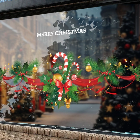 Pegatinas Ventana Navidad Estáticas Feliz Navidad Bastón De Caramelo Aguja Pino Doble Cara PVC Desmontable Decoración Puerta