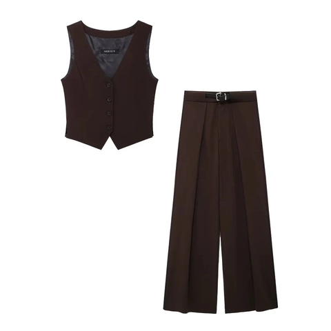 Women Sleeveless Vest And Wide Leg Pants Suit V Neck Button Waistcoat High Waist Trousers Belt Dark Brown Professional