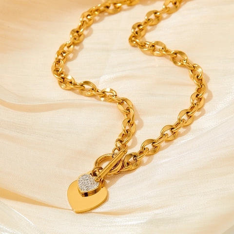 Double Heart Pendant Necklace Stainless Steel Rhinestone OT Toggle Clasp Thick Chain Fashion Jewelry Women