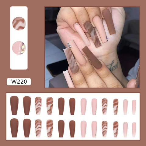 Unghie Finte Lunghe Ballerina Marrone Cioccolato Opaco Rosa Chiaro Trama Marmo Strass Elegante