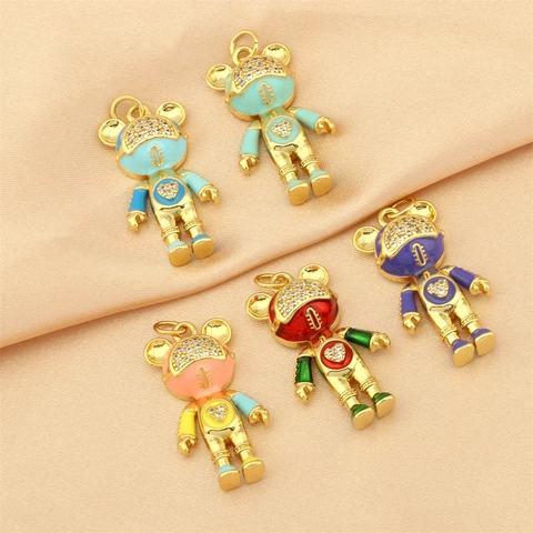 Pendente Orso Astronauta Cartone Animato Rame Placcato Oro Smalto Zircone Accessori Gioielli DIY