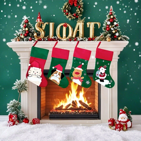 Calcetín Navideño Bolsa De Regalo Franela Lino Bordado Papá Noel Reno Gato Perro Adorno Colgante Para Decoración De Chimenea