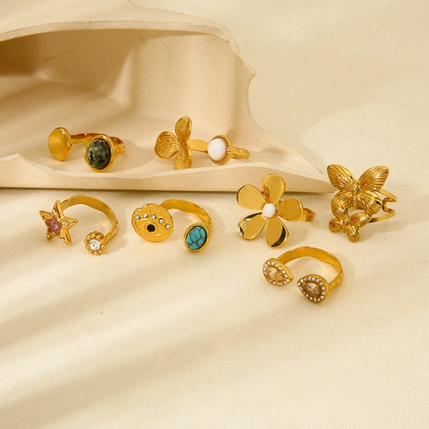 Bohemian Flower Butterfly Open Rings Stainless Steel 18K Gold Plated Waterproof Vintage Gemstone Adjustable Jewelry For Women