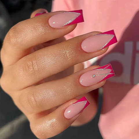 Unghie Finte Francesi A V Sfumate Rosso Rosa Bara Unghie Glitter Argento Strass Manicure Di Lusso Da Donna
