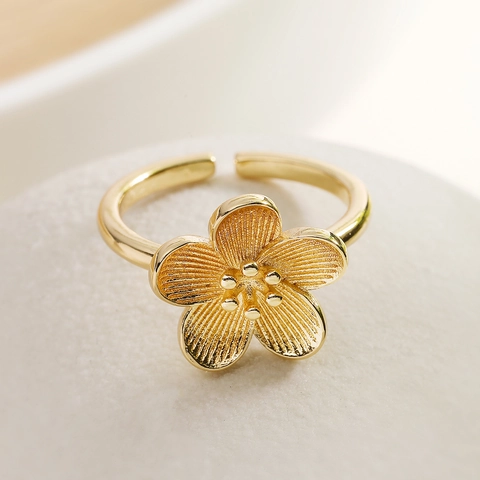 Elegante Anello Regolabile A Fiore Gioielli In Rame Placcato Oro Per Donna Moda Minimalista Texture Spazzolata