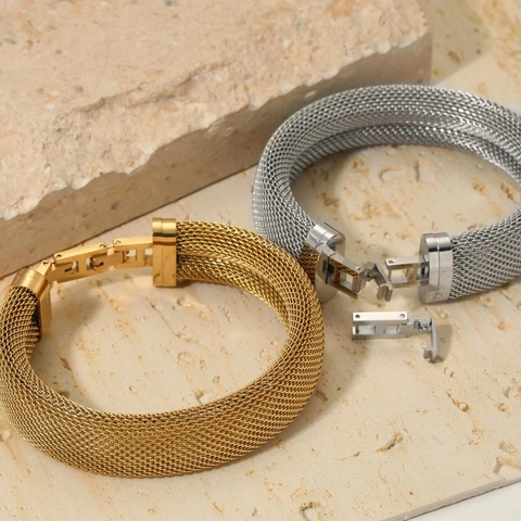 Bracelet Jonc À Mailles Larges En Acier Inoxydable Minimaliste Amovible Tissage Bijoux De Mode Pour Femmes Style Industriel