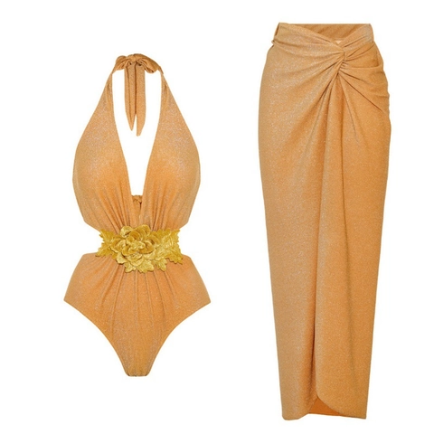 Donne Lucido Metallico Monokini Costume Da Bagno Con 3D Floreale Ritaglio Halter Profondo V Schiena Scoperta E Pareo