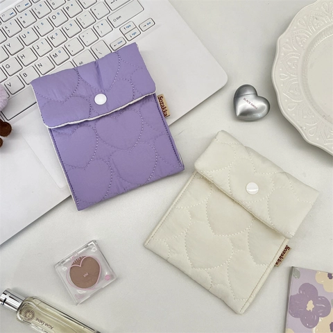 Quilted Heart Mini Storage Bag Portable Soft Polyester Sanitary Napkin Pouch For Menstrual Period Travel Organizer
