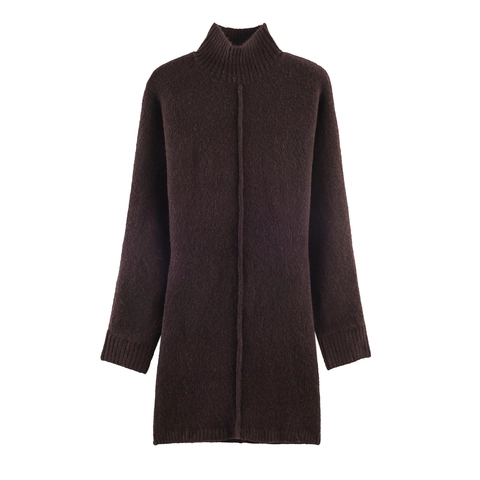 Women Turtleneck Knitted Mini Dress Long Sleeve Fuzzy Polyester Solid Color Casual Fall Winter Warm