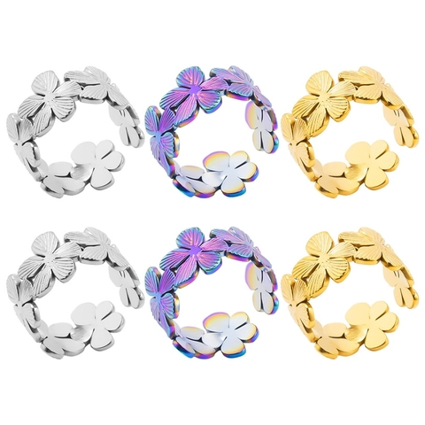 Stainless Steel Hollow Flower Open Ring Adjustable Minimalist Clover Floral Jewelry Aesthetic Accessory For Women