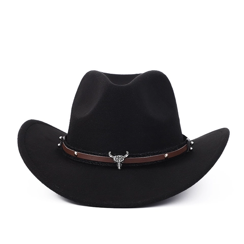 Western Cowboy Hat Polyester Felt Wide Brim Faux Leather Band Metal Bull Skull Ornament Vintage Ethnic Unisex