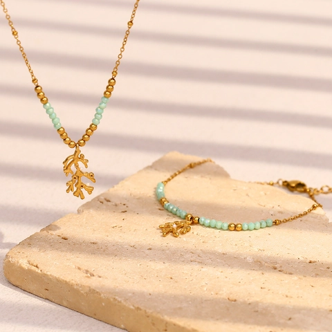 Stainless Steel 18K Gold Plated Coral Branch Necklace And Bracelet Green Natural Stone Beads Jewelry For Women