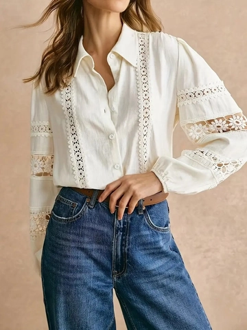 Women Blouse Shirt Lace Patchwork Long Sleeve Hollow Out Polo Collar Elegant Office Lady Vintage White Solid Top