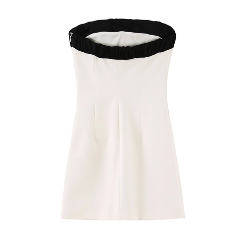 Vestito Mini Senza Spalline Con Grande Fiocco A Contrasto Elegante Poliestere Festa Cocktail Tube Top Donne Nero E Bianco