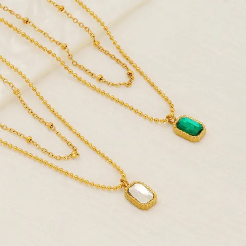 Retro Zwelagige Halskette 18K Vergoldet Edelstahl Rechteckiger Smaragd Zirkon Anhänger Für Damen Eleganter Schmuck