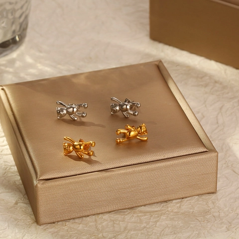 Cute Waving Bear Stud Earrings And Pendant Necklace Stainless Steel Gold Plated Simple Fashion Animal Jewelry For Women