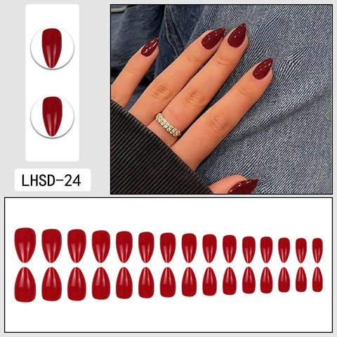 Press On Nails Almond Shape Glossy Solid Red Color Detachable ABS False Nails For Women