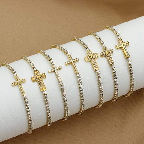 Bracciale Tennis Acciaio Al Titanio Zirconia Pavé Ciondolo A Croce Gioielli Di Moda Regolabili Per Donna